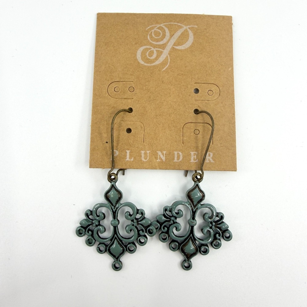 Plunder Design Sage Green Enamel Filigree Chandelier Earrings - Boho Gift